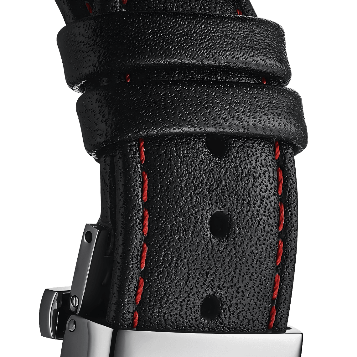 Black Genuine Leather Watch Strap – Red Stitch, Dual Push Butterfly Clasp - RICHURUS WATCHES