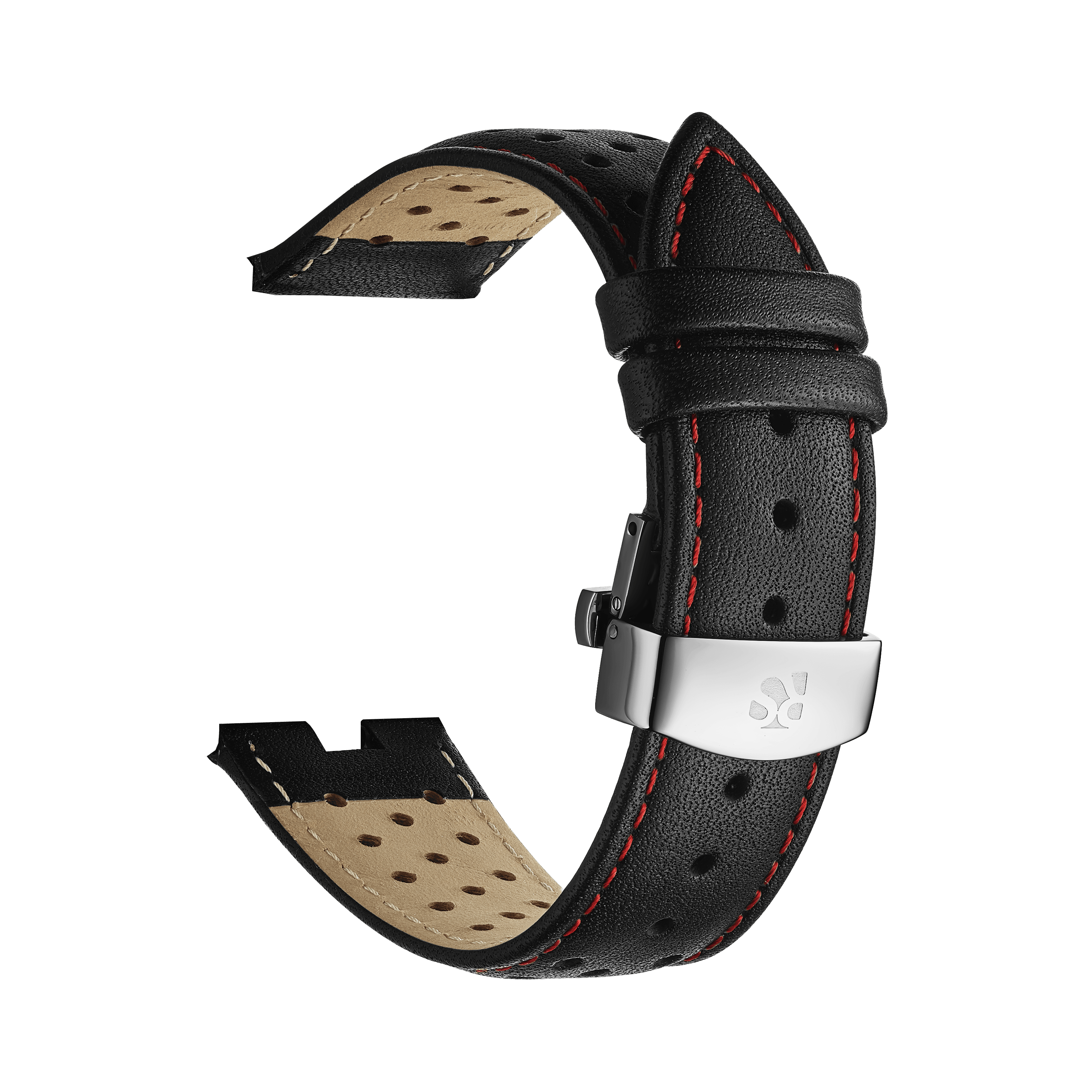 Black Genuine Leather Watch Strap – Red Stitch, Dual Push Butterfly Clasp - RICHURUS WATCHES