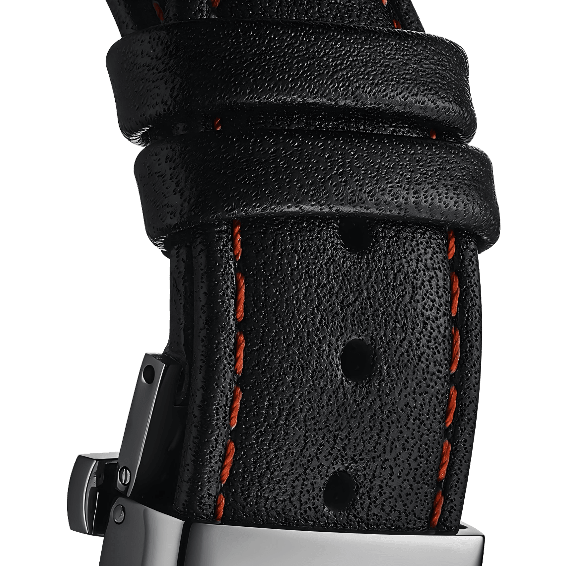 Black Genuine Leather Watch Strap – Orange Stitch, Dual Push Butterfly Clasp - RICHURUS WATCHES