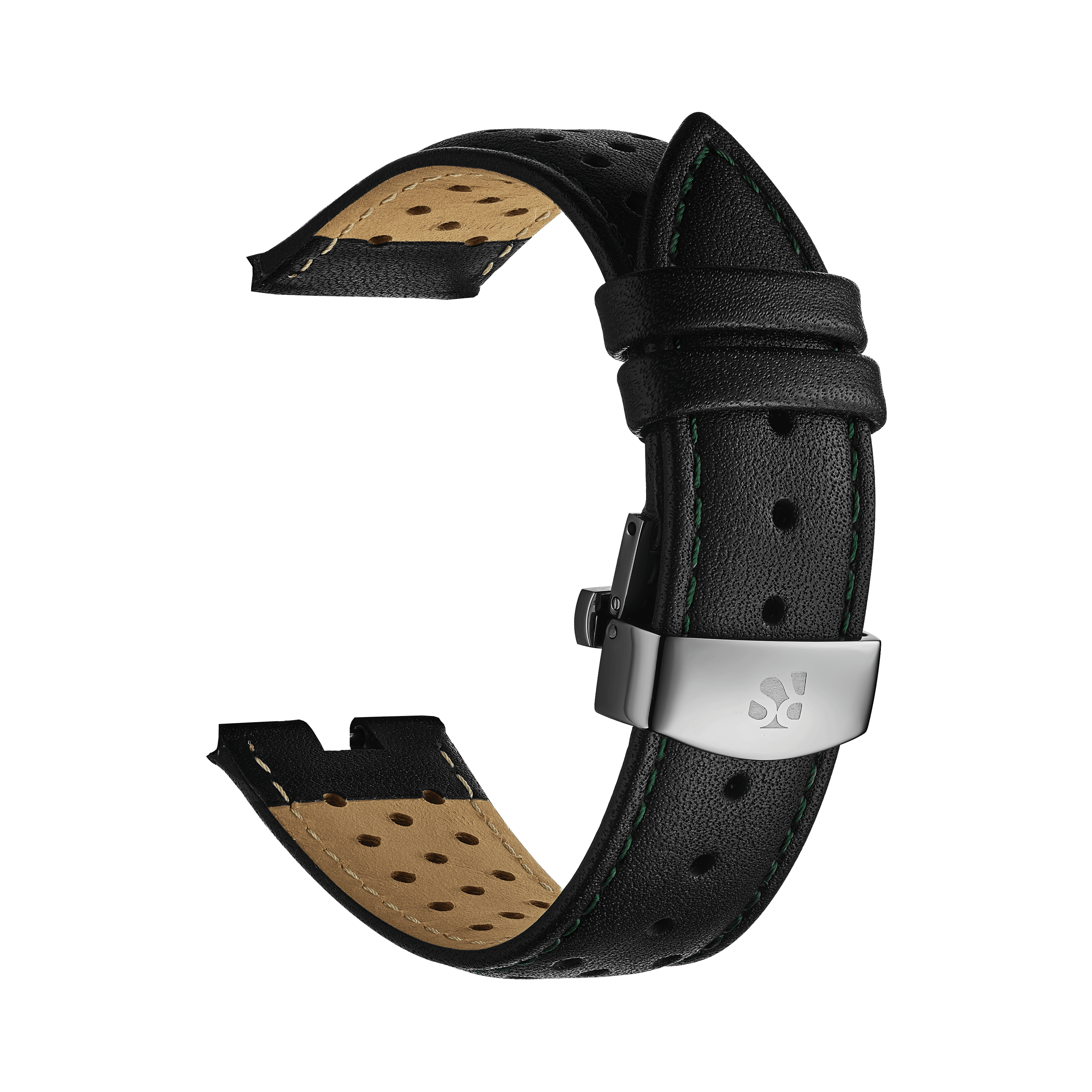Black Genuine Leather Watch Strap – Green Stitch, Dual Push Butterfly Clasp - RICHURUS WATCHES
