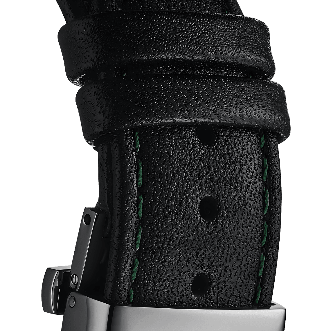 Black Genuine Leather Watch Strap – Green Stitch, Dual Push Butterfly Clasp - RICHURUS WATCHES