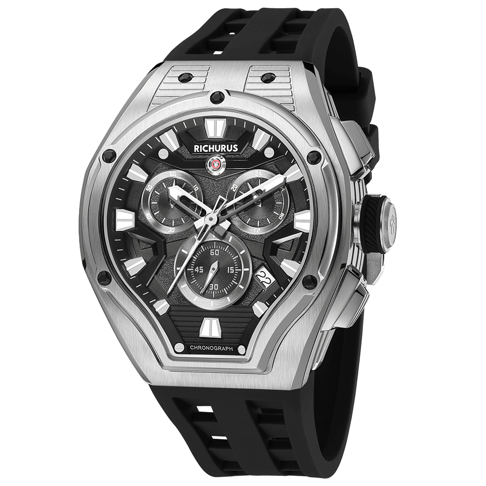 The Aviator Chrono – Silver/Black – Racing Style with Unique Crystal - RICHURUS WATCHES