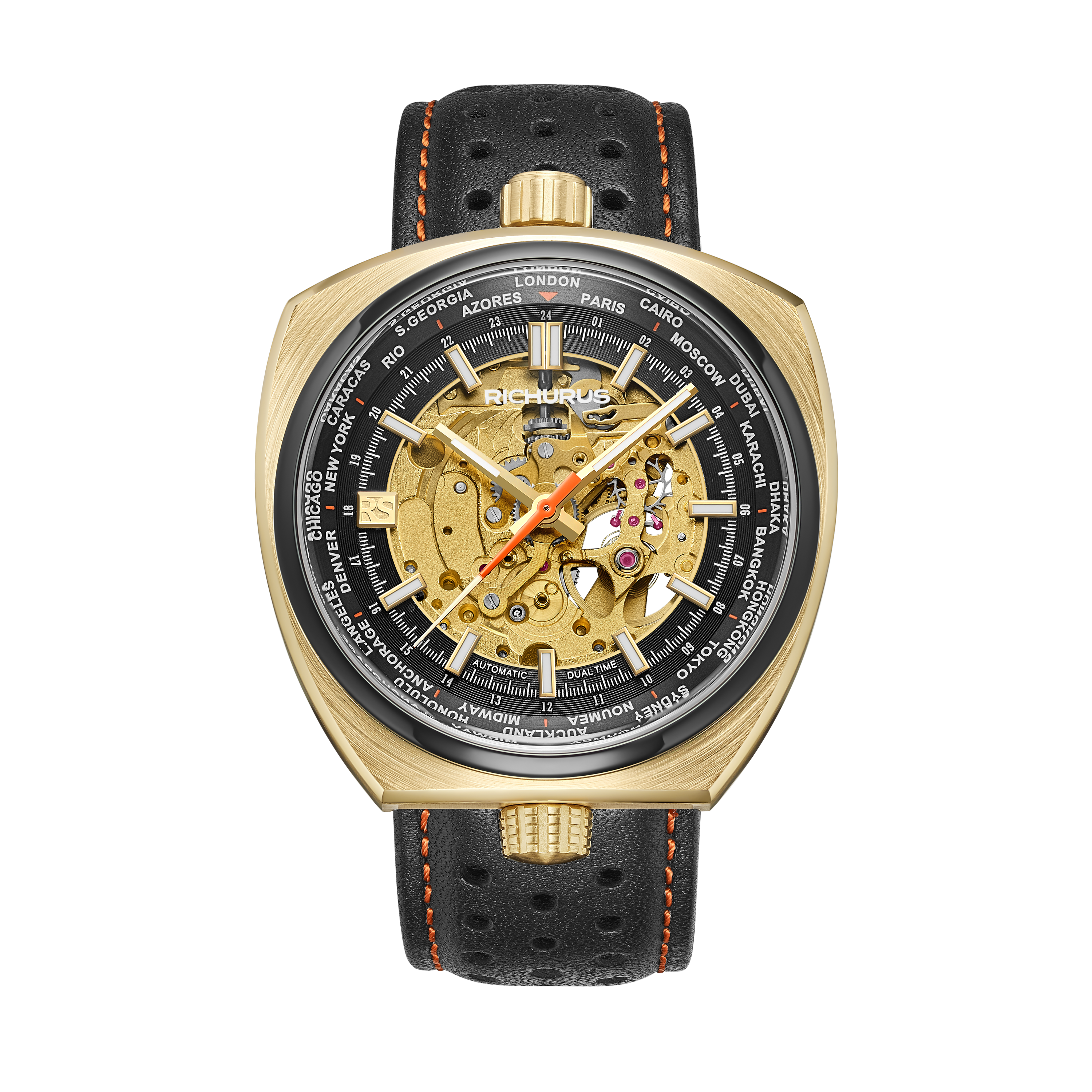 The Genuine Leather Strap of Bullhead – Black with Orange Stitch