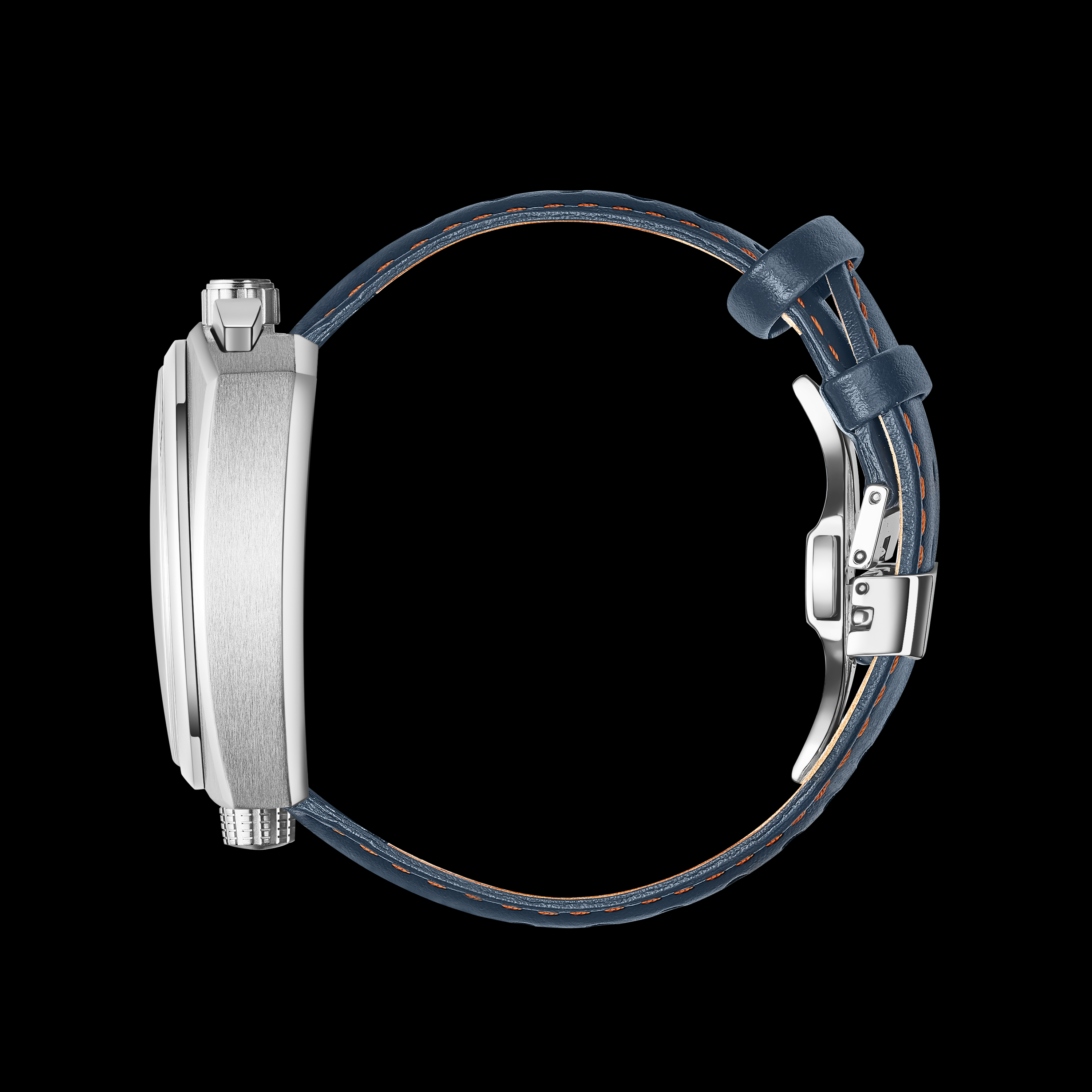 Close-up of a watch with a blue strap on a black background