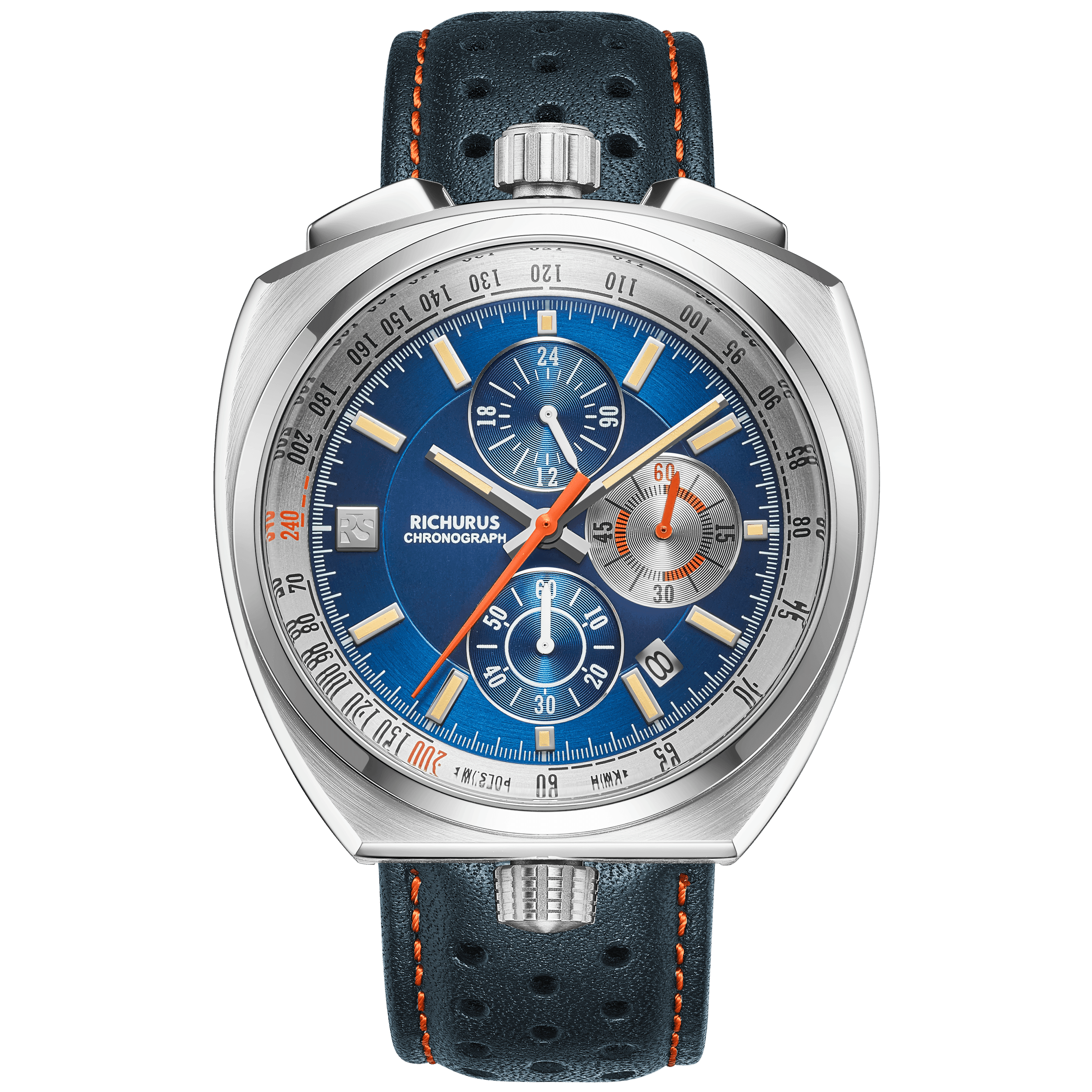 Blue Genuine Leather Watch Strap – Orange Stitch, Dual Push Butterfly Clasp - RICHURUS WATCHES