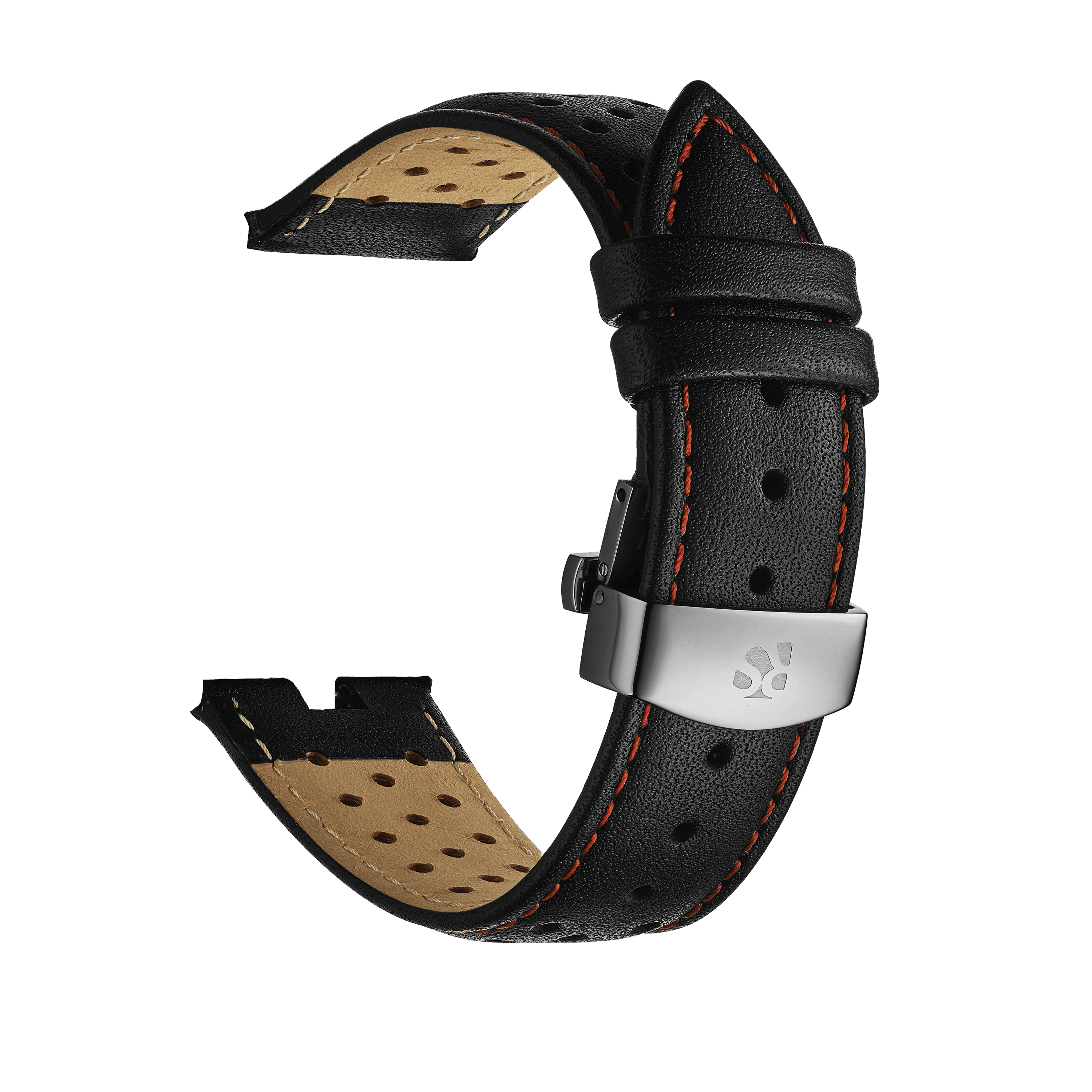 Black Genuine Leather Watch Strap – Orange Stitch, Dual Push Butterfly Clasp - RICHURUS WATCHES