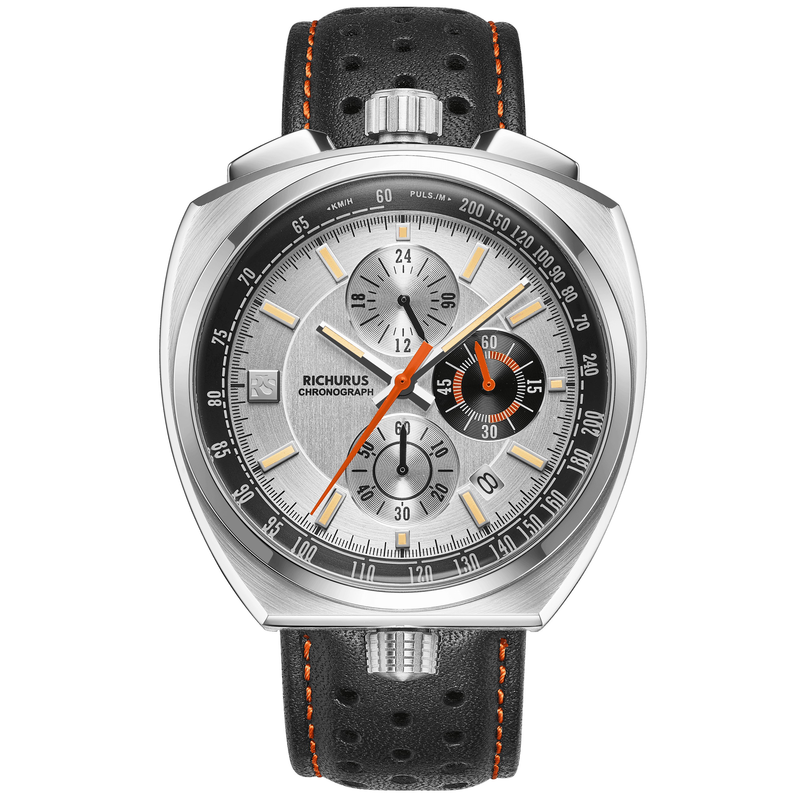 Black Genuine Leather Watch Strap – Orange Stitch, Dual Push Butterfly Clasp - RICHURUS WATCHES