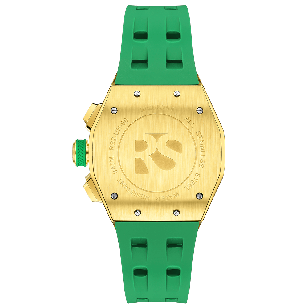 The Aviator Chrono – Gold/Green – Racing Style with Unique Crystal - RICHURUS WATCHES