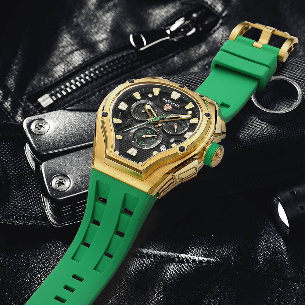 The Aviator Chrono – Gold/Green – Racing Style with Unique Crystal - RICHURUS WATCHES