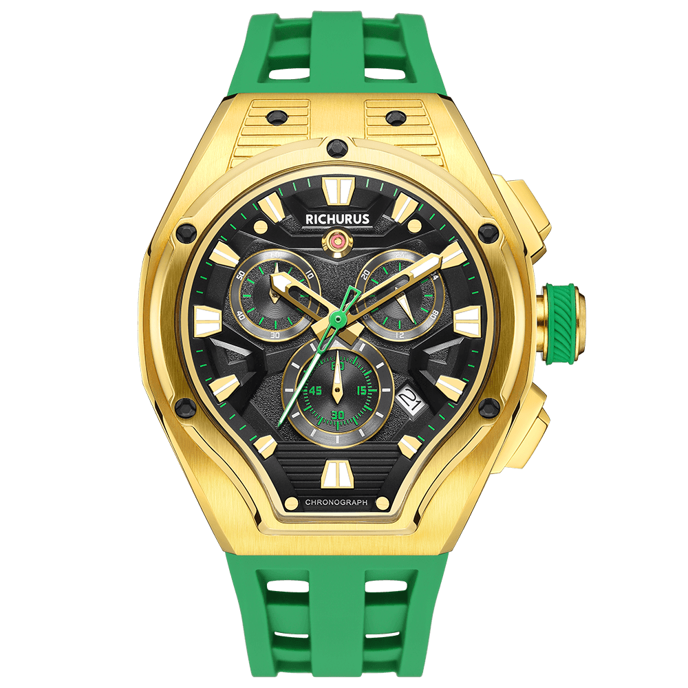The Aviator Chrono – Gold/Green – Racing Style with Unique Crystal - RICHURUS WATCHES