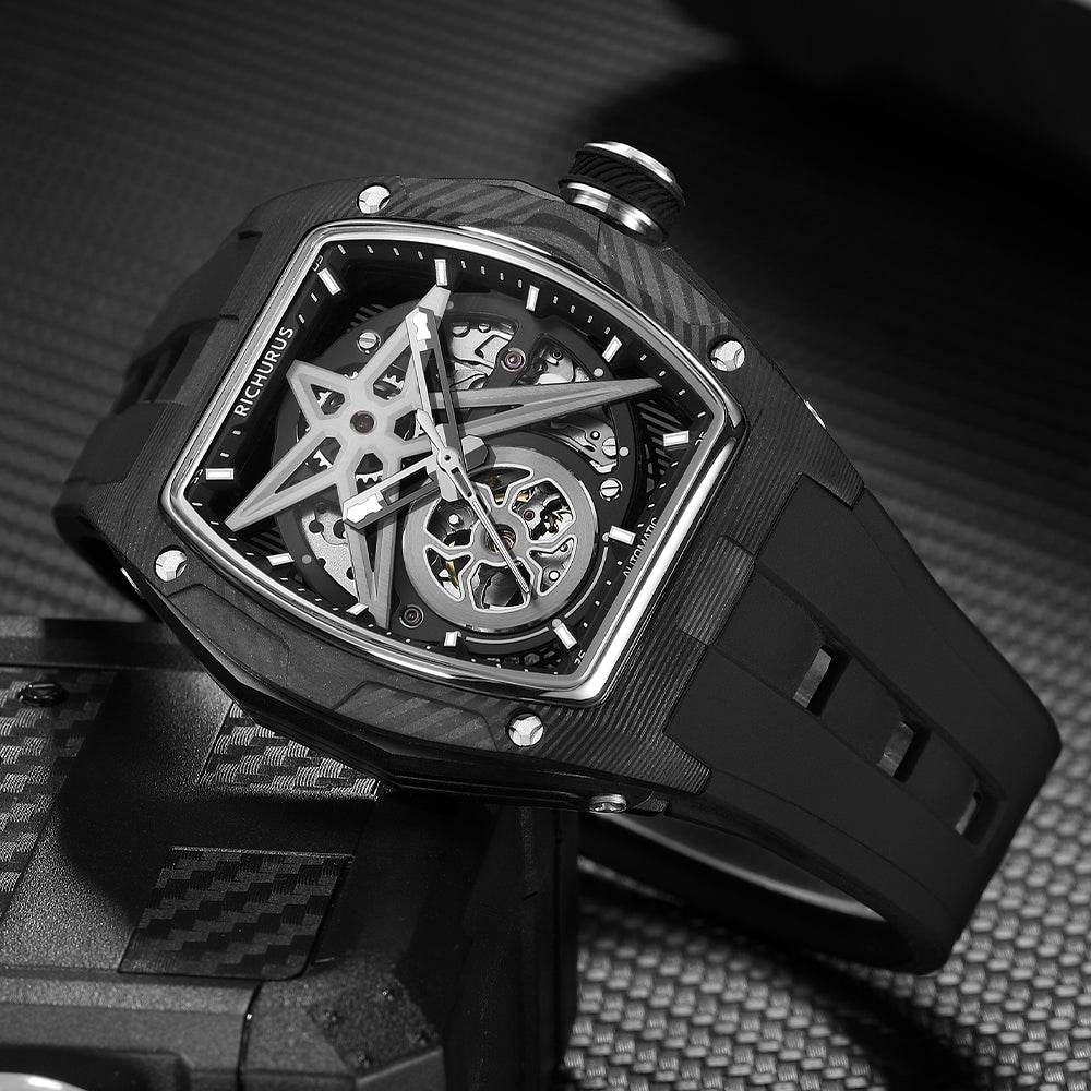 The Carbon Fiber – Black/Black – Skeleton – Automatic Mechanical - RICHURUS WATCHES