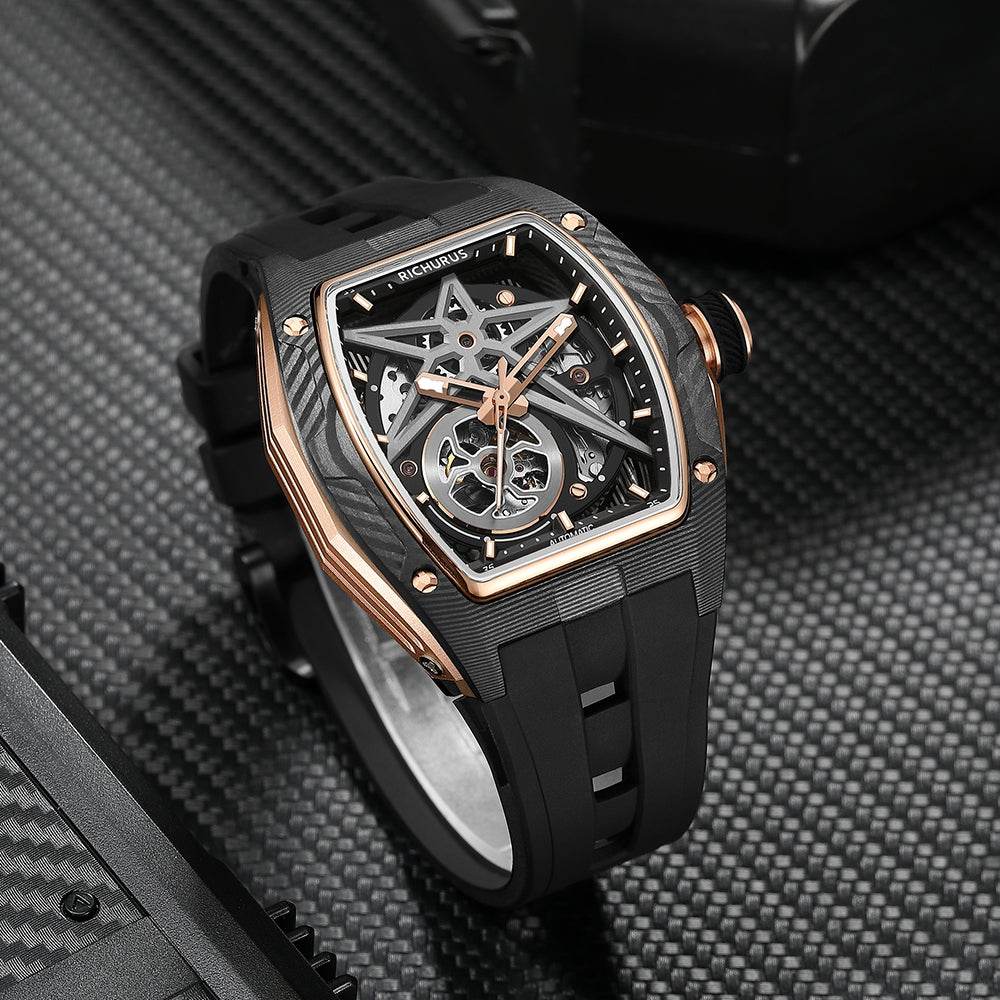 The Carbon Fiber – Rosegold/Black – Skeleton – Automatic Mechanical - RICHURUS WATCHES