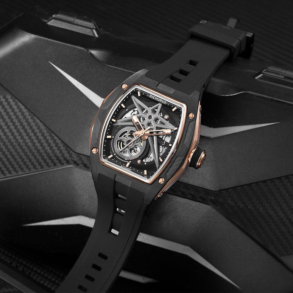 The Carbon Fiber – Rosegold/Black – Skeleton – Automatic Mechanical - RICHURUS WATCHES