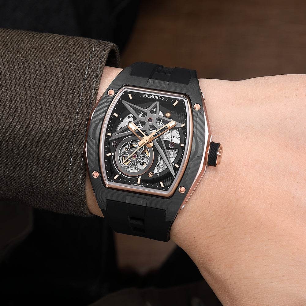 The Carbon Fiber – Rosegold/Black – Skeleton – Automatic Mechanical - RICHURUS WATCHES