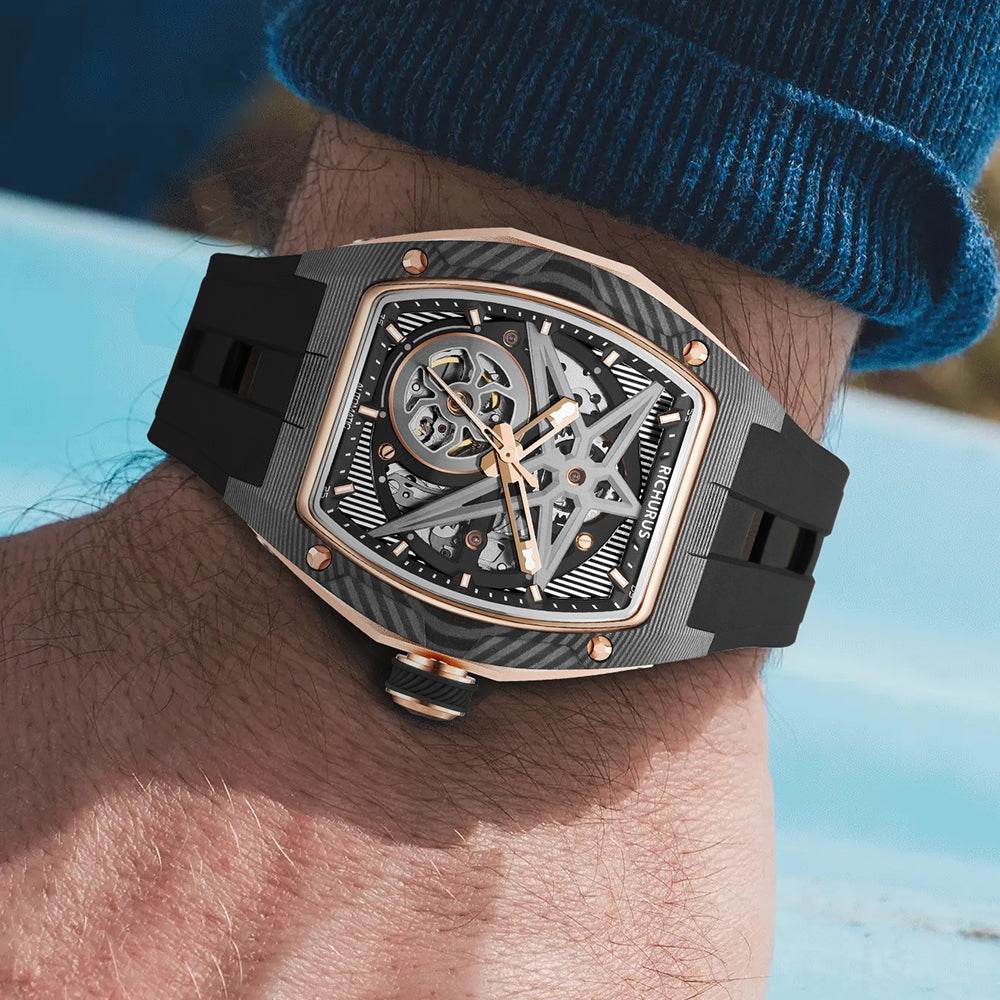 The Carbon Fiber – Rosegold/Black – Skeleton – Automatic Mechanical - RICHURUS WATCHES
