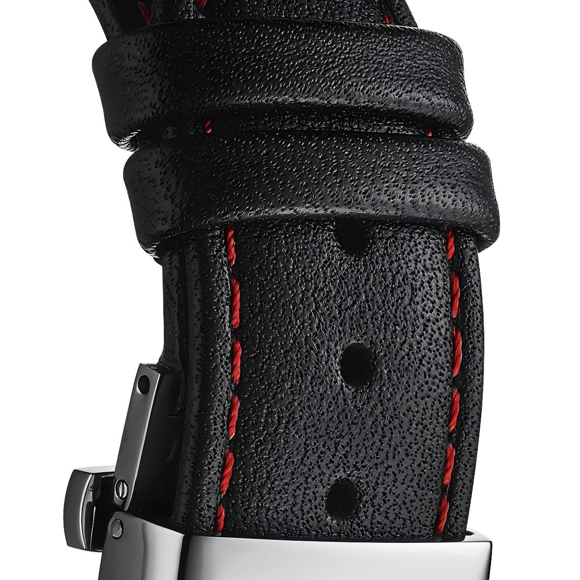 Black Genuine Leather Watch Strap – Red Stitch, Dual Push Butterfly Clasp