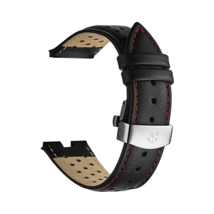 Black Genuine Leather Watch Strap – Red Stitch, Dual Push Butterfly Clasp - RICHURUS WATCHES