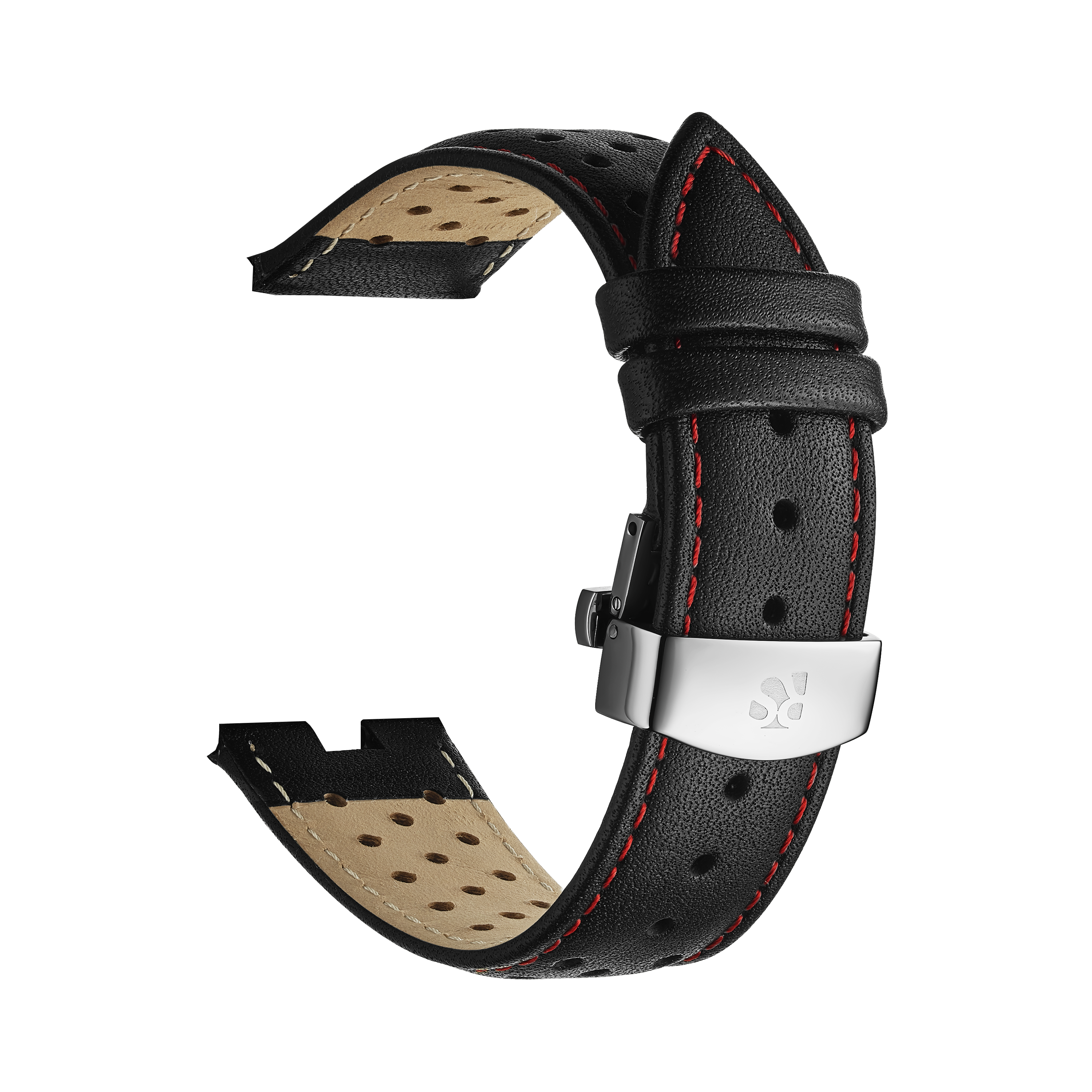 Black Genuine Leather Watch Strap – Red Stitch, Dual Push Butterfly Clasp