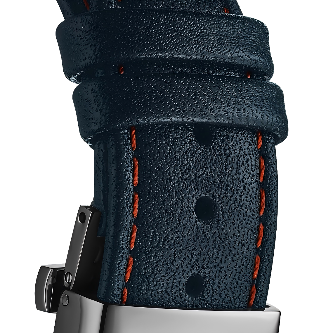 Blue Genuine Leather Watch Strap – Orange Stitch, Dual Push Butterfly Clasp