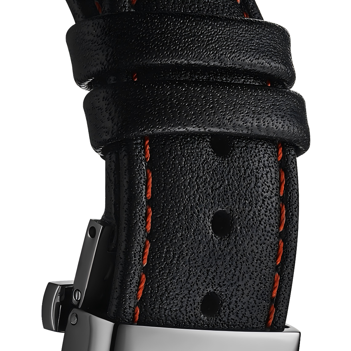Black Genuine Leather Watch Strap – Orange Stitch, Dual Push Butterfly Clasp