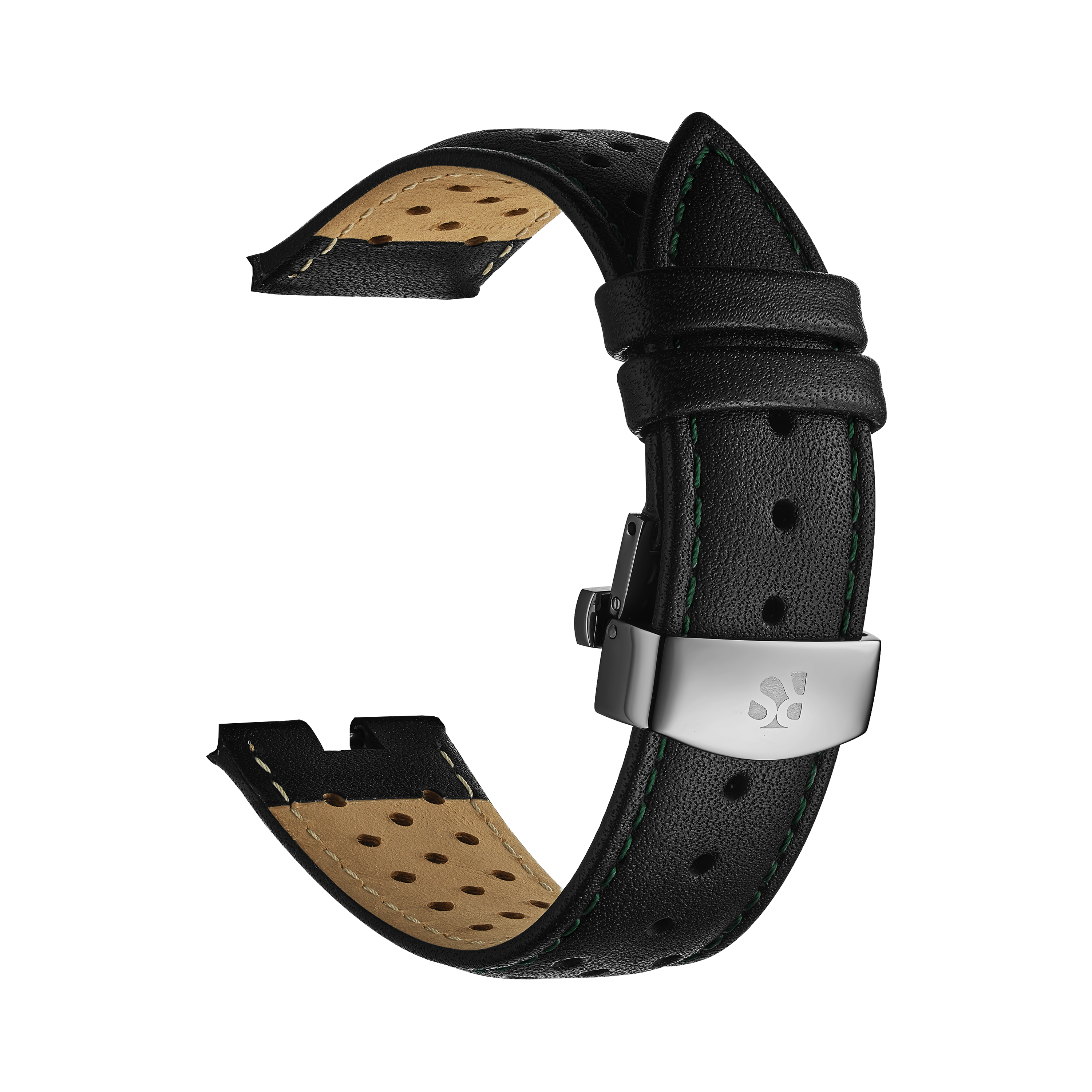 Black Genuine Leather Watch Strap – Green Stitch, Dual Push Butterfly Clasp