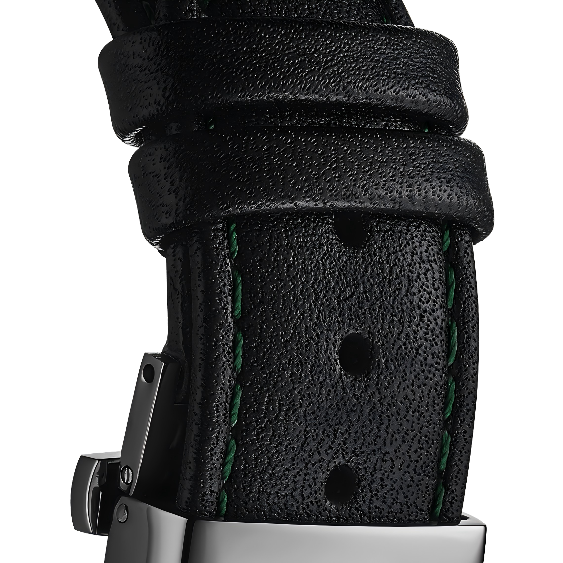 Black Genuine Leather Watch Strap – Green Stitch, Dual Push Butterfly Clasp