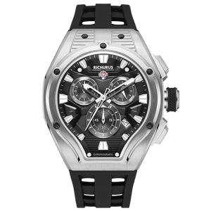 The Aviator Chrono – Silver/Black – Racing Style with Unique Crystal - RICHURUS WATCHES