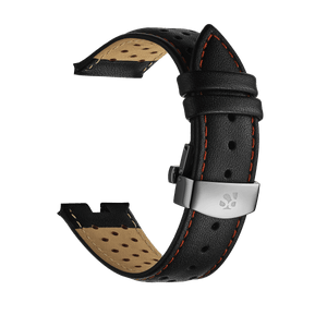 Black Genuine Leather Watch Strap – Orange Stitch, Dual Push Butterfly Clasp - RICHURUS WATCHES
