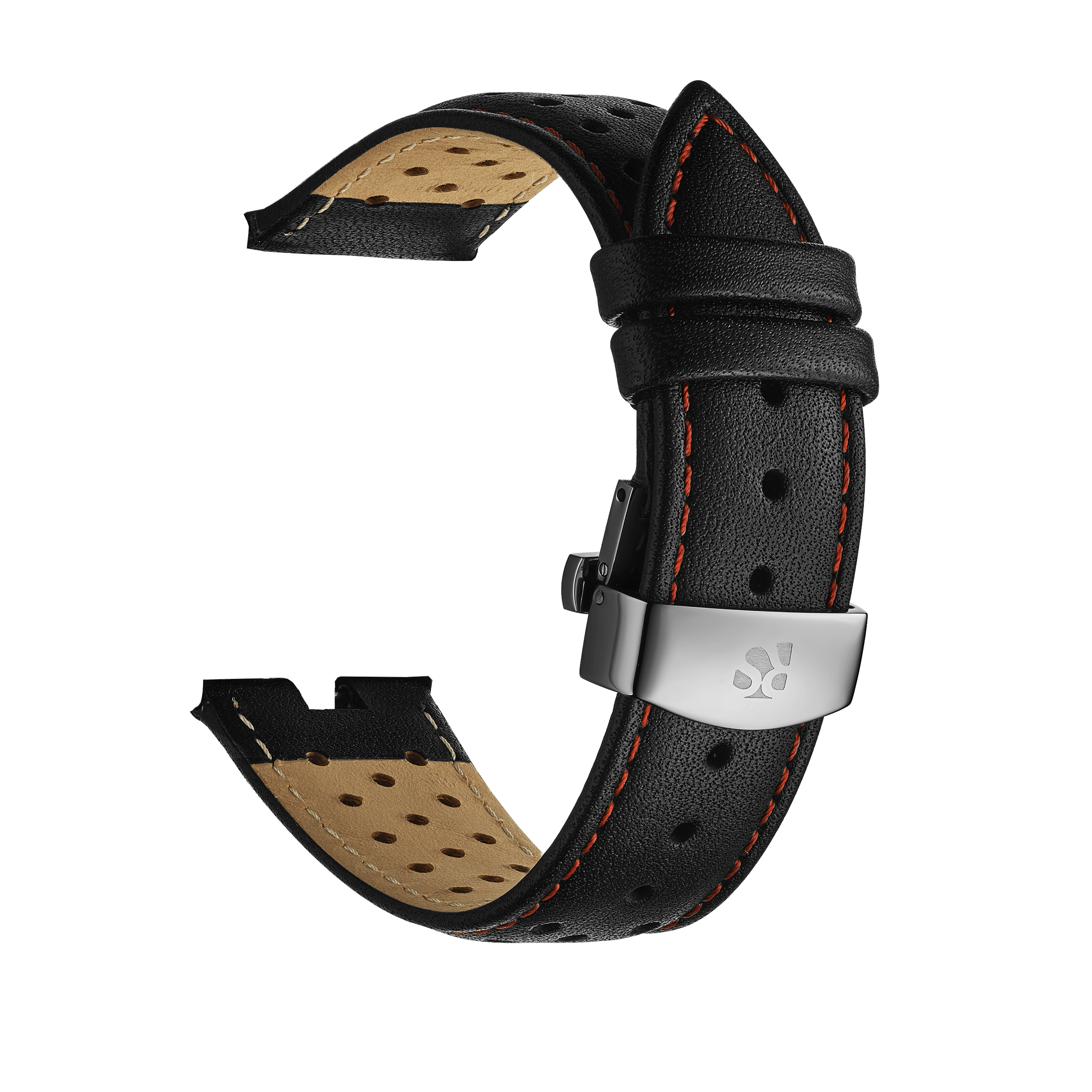 Black Genuine Leather Watch Strap – Orange Stitch, Dual Push Butterfly Clasp - RichurusWatches