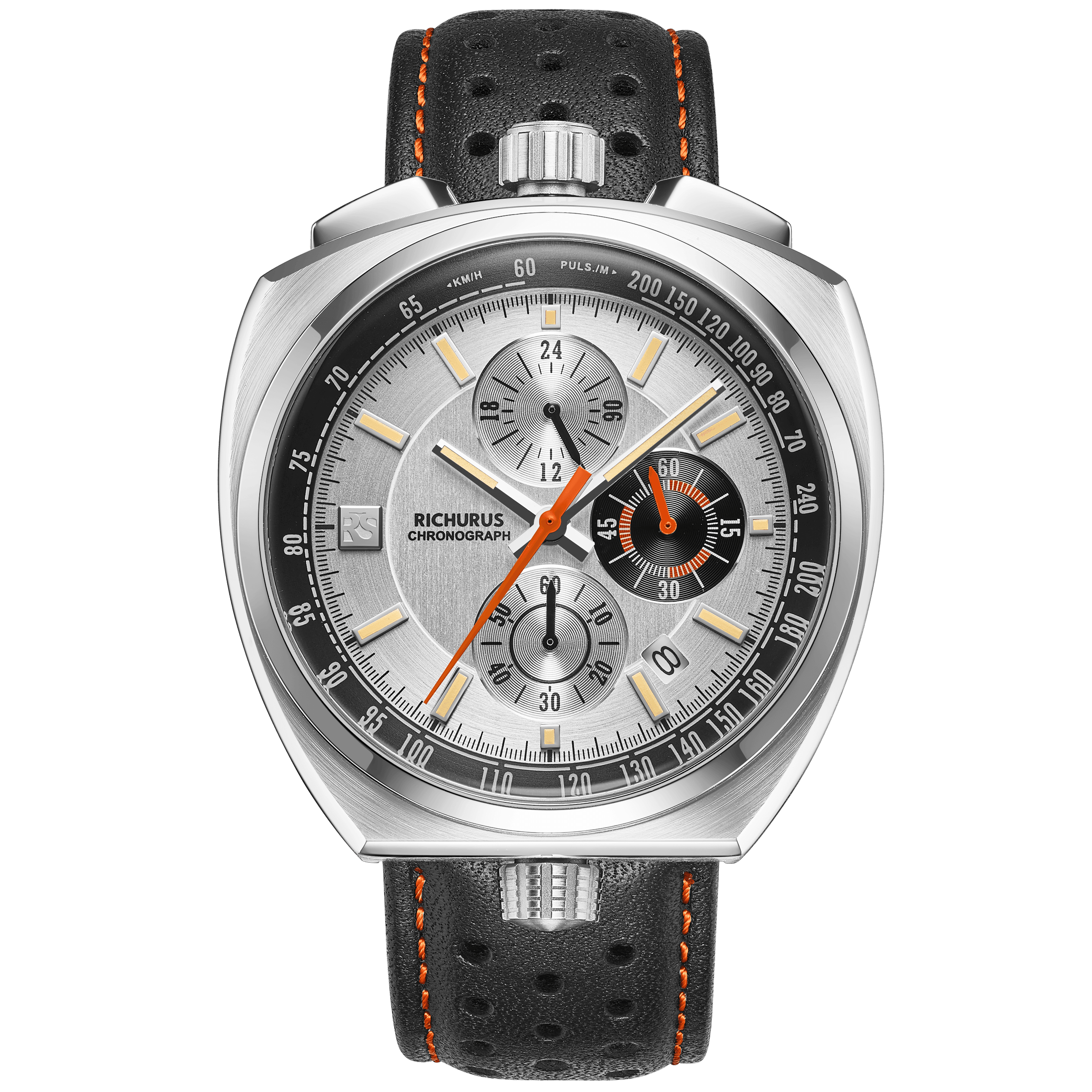 Black Genuine Leather Watch Strap – Orange Stitch, Dual Push Butterfly Clasp - RichurusWatches