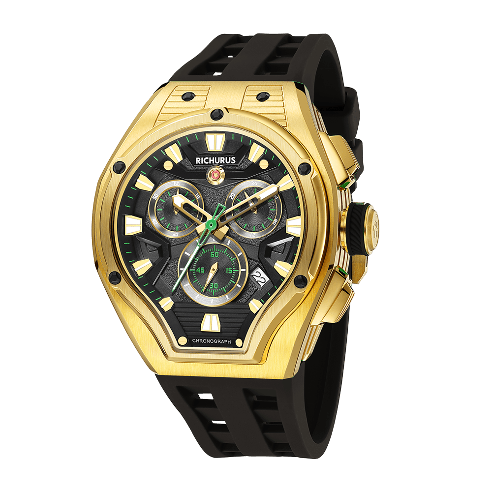 The Aviator Chrono – Gold/Black – Racing Style with Unique Crystal - RichurusWatches