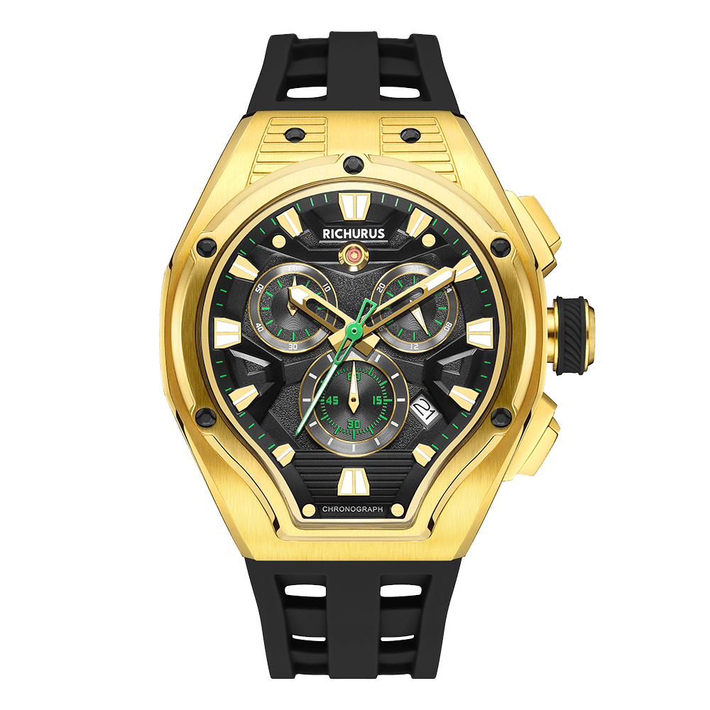 The Aviator Chrono – Gold/Black – Racing Style with Unique Crystal - RichurusWatches