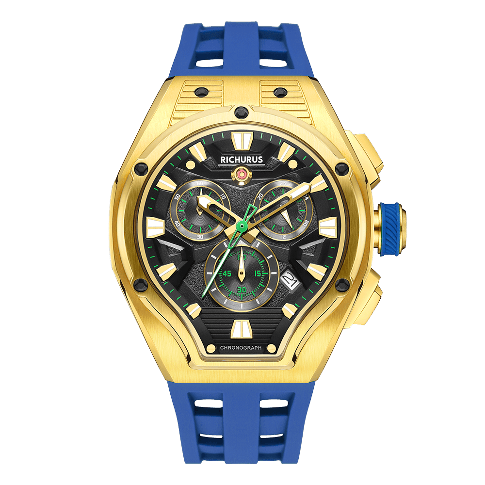 The Aviator Chrono – Gold/Blue – Racing Style with Unique Crystal - RichurusWatches