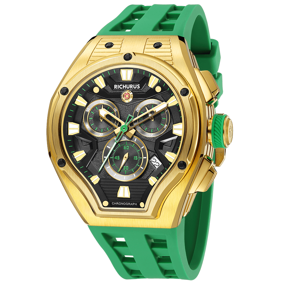 The Aviator Chrono – Gold/Green – Racing Style with Unique Crystal - RichurusWatches