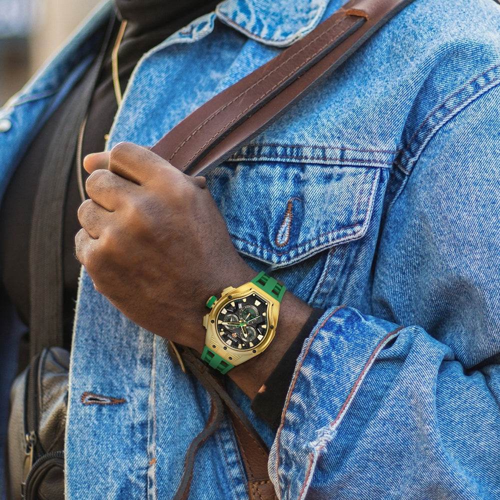 The Aviator Chrono – Gold/Green – Racing Style with Unique Crystal - RICHURUS WATCHES