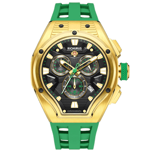 The Aviator Chrono – Gold/Green – Racing Style with Unique Crystal - RICHURUS WATCHES