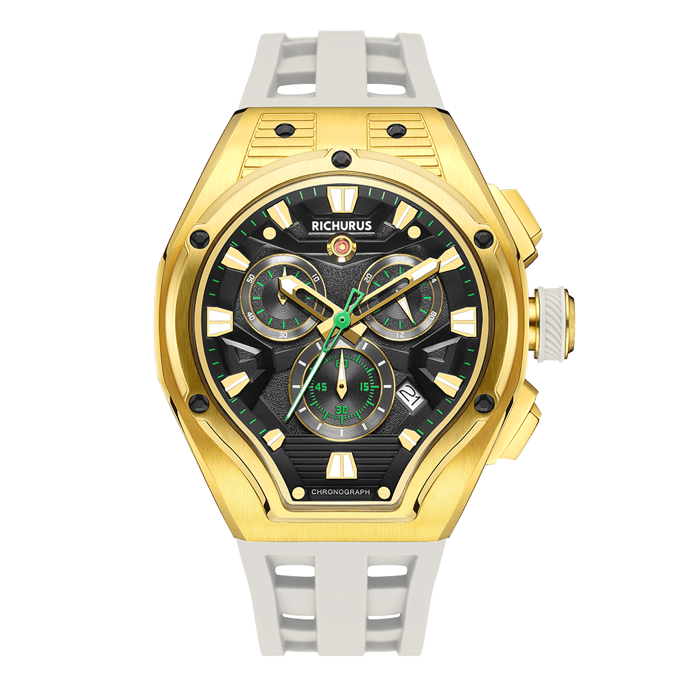 The Aviator Chrono – Gold/White – Racing Style with Unique Crystal - RichurusWatches