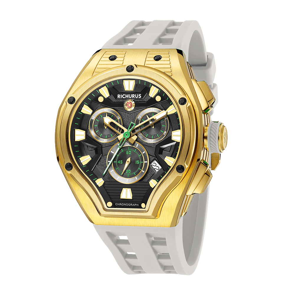 The Aviator Chrono – Gold/White – Racing Style with Unique Crystal - RichurusWatches