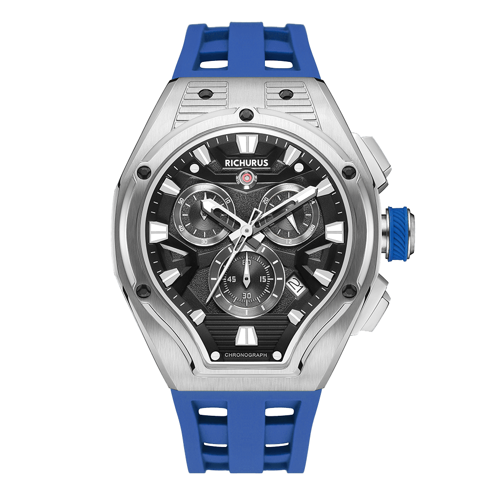 The Aviator Chrono – Silver/Blue – Racing Style with Unique Crystal - RichurusWatches