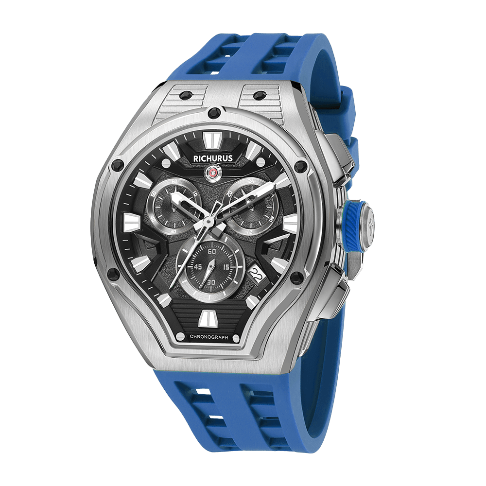 The Aviator Chrono – Silver/Blue – Racing Style with Unique Crystal - RichurusWatches