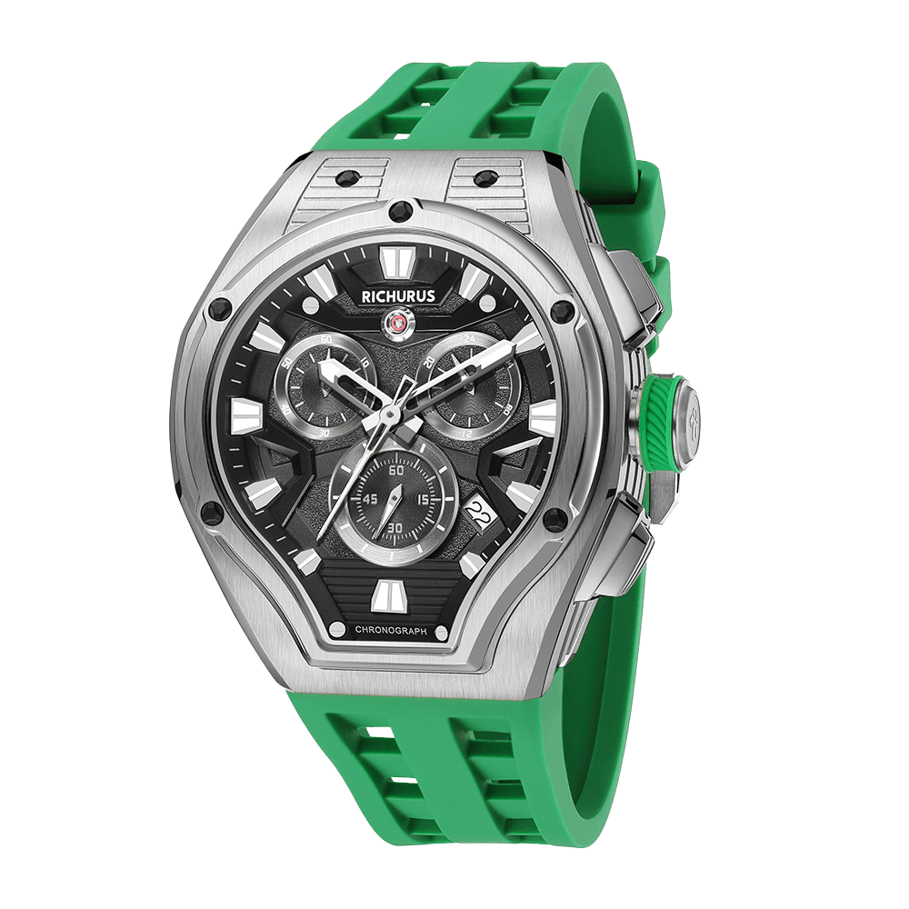 The Aviator Chrono – Silver/Green – Racing Style with Unique Crystal - RichurusWatches