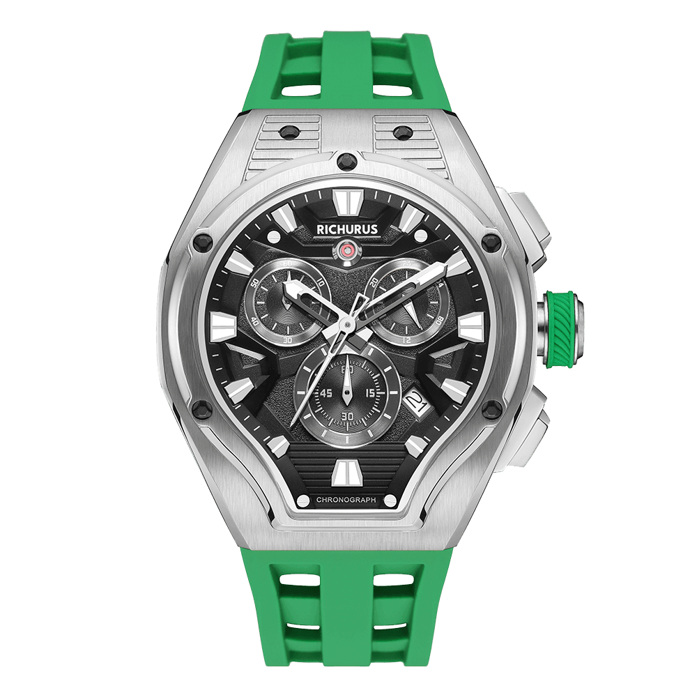 The Aviator Chrono – Silver/Green – Racing Style with Unique Crystal - RichurusWatches