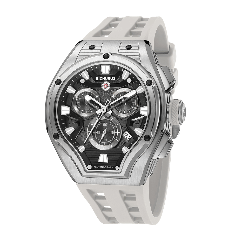 The Aviator Chrono – Silver/White – Racing Style with Unique Crystal - RichurusWatches